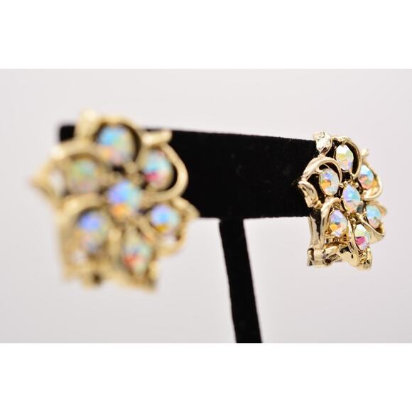 Vintage Crystal Clip On Earrings Flower Rhinestone Aurora Borealis Gold 60s BinZ - Picture 5 of 12
